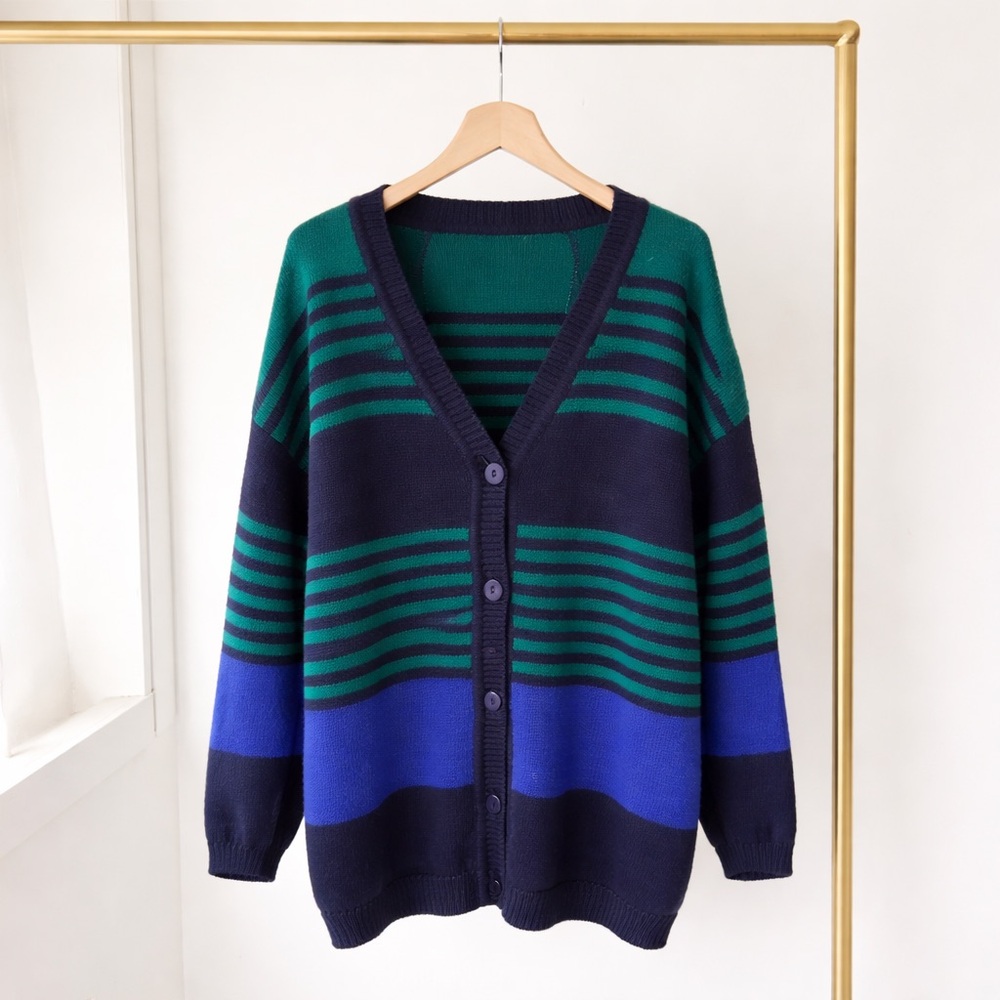 Vintage Paul Harris Striped Cardigan | Green Navy Blue Oversized 90s Knit